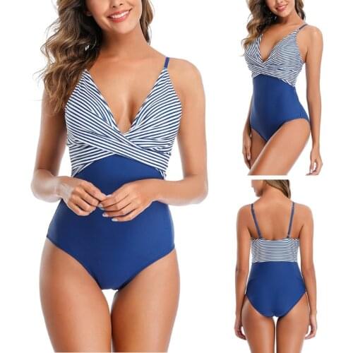 Womens Sexy One-Piece Swimsuit Cross Front V-Neck Bikini Striped Bathing Suit