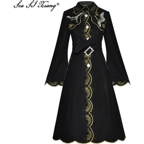 Seasixiang Fashion Designer Autumn Wool Coat Womens Flare Sleeve Crystal Single-Breasted Embroidery Vintage Overcoat
