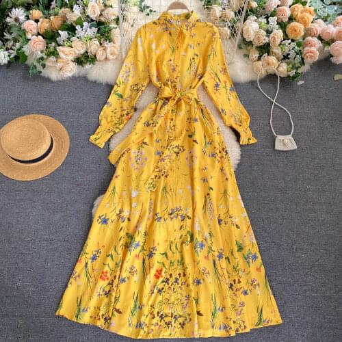 SINGRAIN Women Yellow Print Blouses Dress Autumn French Elegant Long Sleeve Lace up A-line Vestidos Fashion Streetwear Long Robe