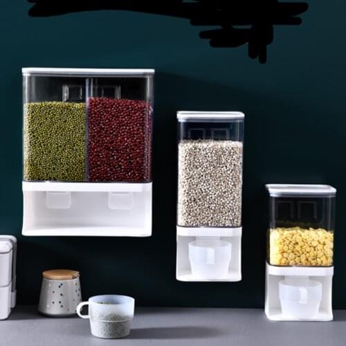 1Pcs Wall Mounted Divided Rice Cereal Dispenser Plastic Transparent Storage Dry Food Dispenser Dry Food Fruit Storage Box