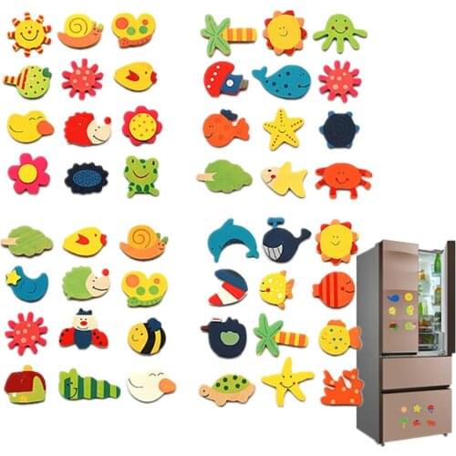 12Pcs Wooden Cartoon Sun Fish Fridge Magnet Stickers Education Kid Toy Art Decor for Children Baby Educational