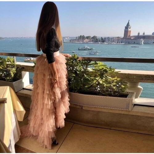 2019 Chic Ruffles Champagne High Low Tulle Skirts Women Zipper Long Tiered Bridal Tutu Skirt Custom Made Faldas Mujer Saias