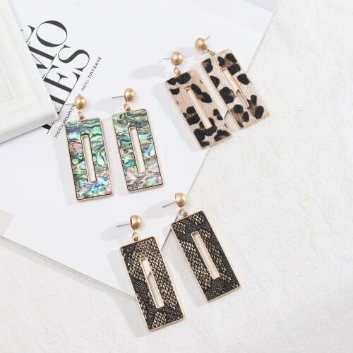 2021 New Hollow Out Rectangle Abalone Horse Hair PU Leather Stud Earring for Women
