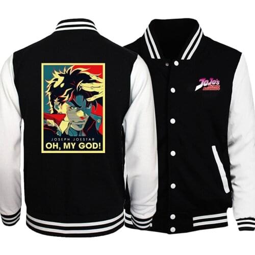 JOJO Joseph Joestar OH MY GOD Baseball Men Jojos Bizarre Adventure Jackets Coat Winter Autumn Black White Sportswear Streetwear