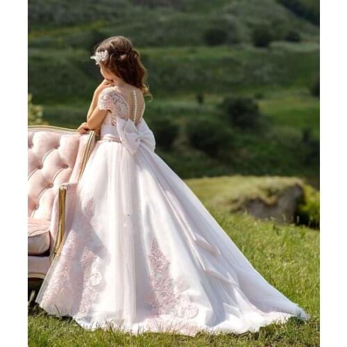 Elegant Kids Custom Pink Lace Flower Girl Dresses For Wedding Short Sleeve First Communion Princess Gowns Christening Dress