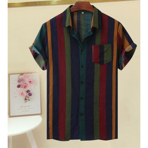 Hawaii Men Shirt Blouse Multicolor stripes Loose Short Sleeve Casual Buttons Cotton Beach Shirt Men Camisas Para Hombre Oversize