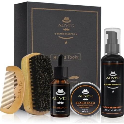 Hot ALIVER Men Moustache Cream Beard Oil Shampoo Kit With Moustache Comb Brush Storage Bag For Gentleman