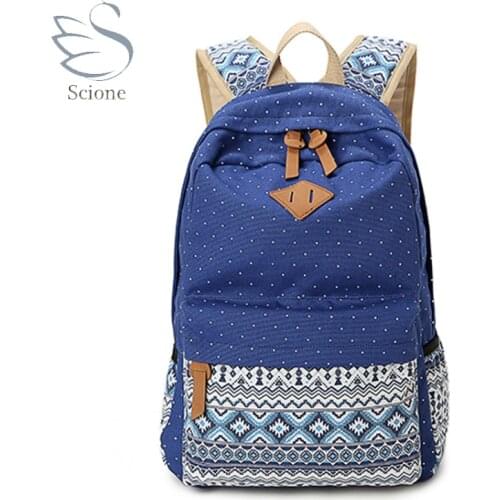 Scione Girls Canvas Dot Folk Pattern Backpacks Travel School Shoulder Bags Fashion Leisure Large Preppy Striped For Women bags
