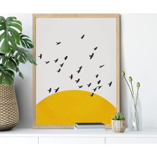 Birds Flock Prints Yellow Sun Landscape Painting Nature Wall Art Canvas Poster Modern Mid Century Wall Picture Living Room Decor