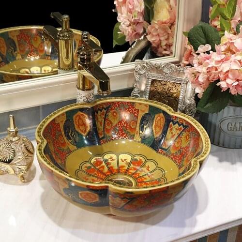 Chinese Antique ceramic sink china wash basin Ceramic Counter Top Wash Basin Bathroom Sinks cabinet bathroom sink brown flower