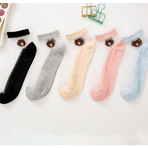 Splicing Color Polyester Cotton Short Sock Cartoon Bear Invisible Breathable Women Girls Ultra Ankle Socks