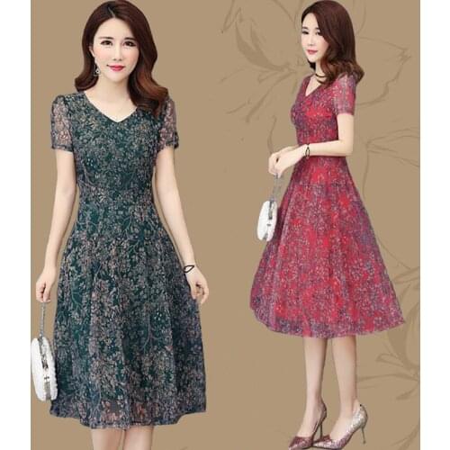 Summer Middle Aged Women Print Loose Dress O-Neck Short Sleeve Mothers Casual Dresses fashion Plus Size long dress