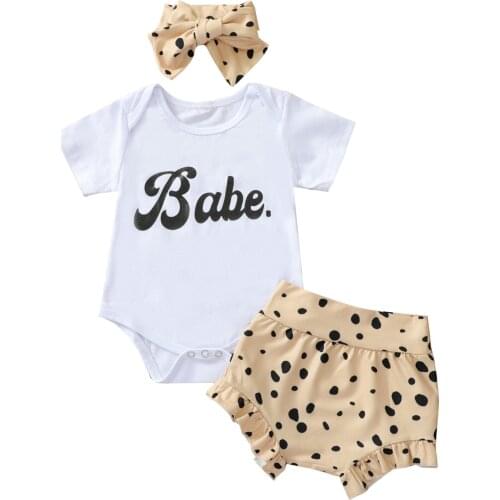New 3 Pcs Summer Outfits, Baby Letter Print Short Sleeve Round Neck Romper + Ruffle Leopard Shorts + Bowknot Headband Set