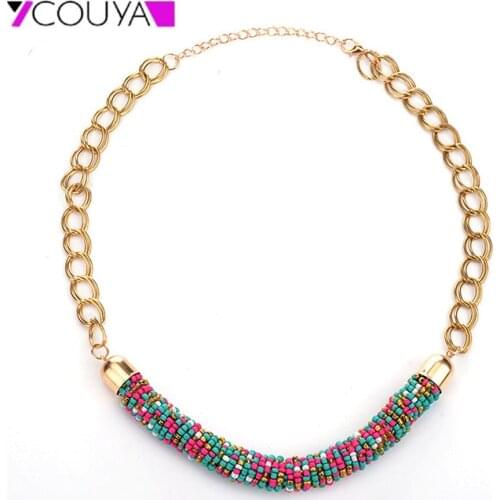 Fashion Womens Link Necklace Polished Gold Color Chain Handmade Cylinder Necklace with Rice Beads Charm Girls Women Jewelry