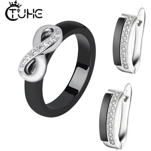 Fashion Black White Ceramic Jewlery Set For Women 3mm Width Rings With Cute Earrings Crystal Smooth Material Wedding Jewelry
