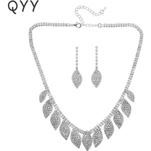 QYY Fashion Leaves Prong Setting Austrian Crystal Bridal Jewelry Sets Wedding Party Earrings Necklace Set for Bride Bridesmaids