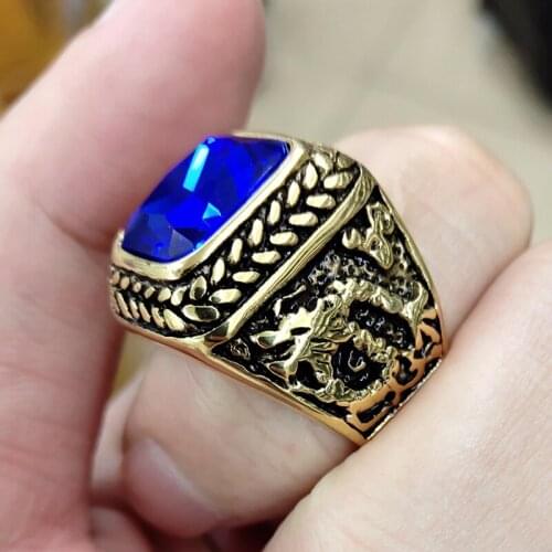 Hip hop Male Blue big stone ring mens stainless steel mens classic dragon claw punk jewelry rock ring for men initial ring