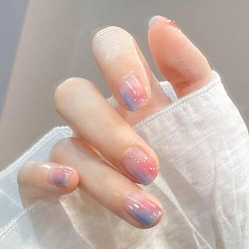 24pcs Pink Smudges False Nails Short Paragraph Nail Stickers Removable Manicure Patch DIY Artificial Fake Nails With Press Glue