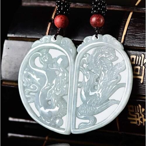 Certificate Natural Emerald Dragon Phoenix Jade Pendant Bead Necklace Charm Jewellery Fashion Hand-Carved Man Woman Luck Amulet