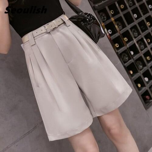 Seoulish 2021 New Summer Womens Suit Pants with Belted High Waist Office Lady Wide Leg Half Pants Elegant Loose Trousers Pocket