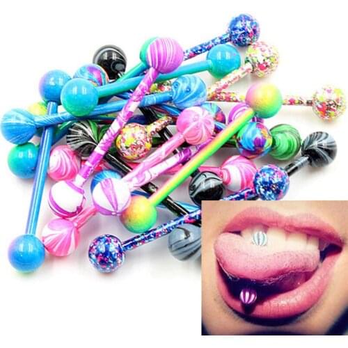 10Pcs/lot Sexy Fashion Colorful Glitters Tongue Rings Surgical Steel Piercing Tongue Studs Jewelry For Women Men