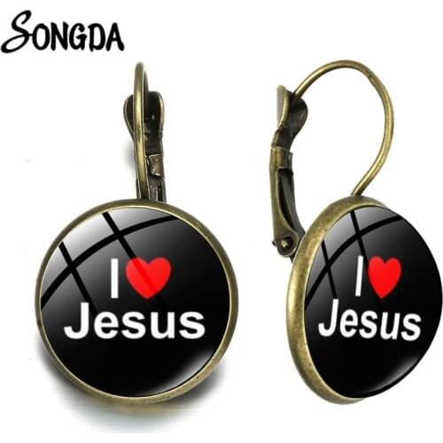 Vintage Religious Jesus Pattern French Earrings Glass Dome Handmade Bronze Plated Hook Earring Unisex Christian Art Jewelry 2021