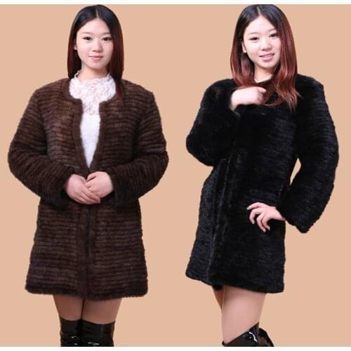 Mink hair coat medium-long o-neck clothes womens winter mink fur hair knitted outerwear