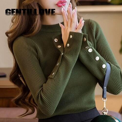 Fashion New Autumn Winter Women Sweater Knitted Long Sleeve O-Neck Sexy Slim Office Lady Button Casual Sweaters Tops Pullover
