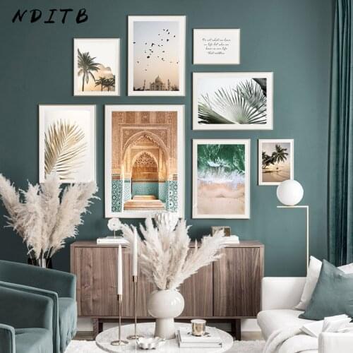 Tropical Beach Sunset Landscape Wall Art Print Painting Palm Leaf Canvas Poster Taj Mahal Temple Travel Picture Home Room Decor