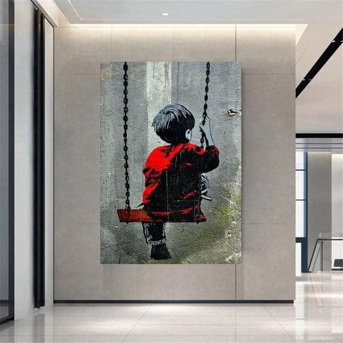 Street Wall Graffiti Art Painting Sitting On A Swing Boy Picture HD Canvas Print Home Living Room Art Wall Decoration Poster