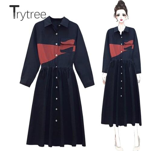 Trytree 2020 Spring Autumn Womens Dress Casual Turn-down Collar Silky Single Breasted Drawstring Waist Office Lady Shirt Dress
