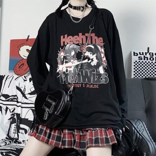 Long-sleeved female autumn Korean version ins Harajuku bf wind retro comic printing loose black t-shirt student bottoming shirt