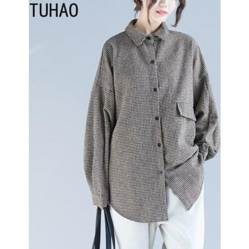 TUHAO Fall Winter Shirts Large Size Loose Womans Plaid Blouses and Tops Loose Long Oversize Blusas Mujer De Moda T7363