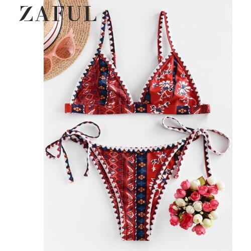 ZAFUL Boho Floral Bikini Set Tie Side Bikini Women Swimwear Low Waisted String Bathing Suit Two Pieces Swimsuit Vintage