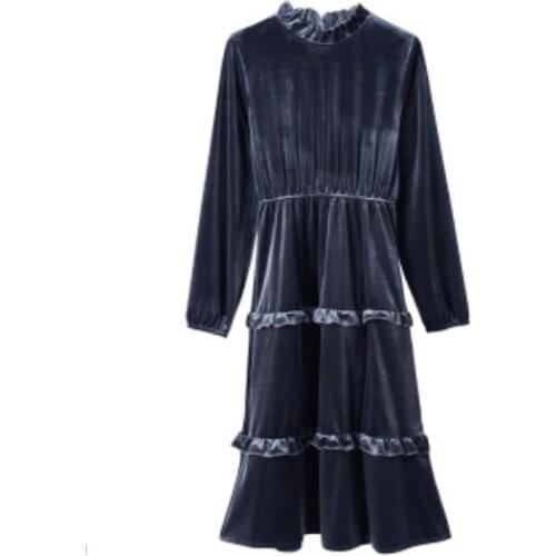 2021 Autumn New Temperament A-line dress Lotus leaf collar Style plus Velvet Thick Long Sleeve Dress Base the Fairy women dress