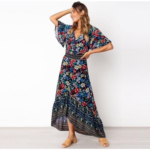 Bohemian Summer Dress Floral Beach Dress Short Sleeve Kimono Floral Printed Long Maxi Dresses Women Clothing TA1020