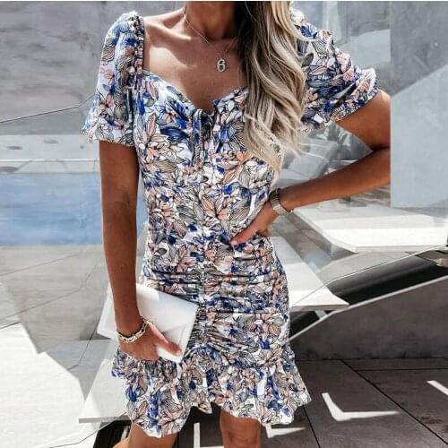 Women Sexy V-Neck Floral Printed Party Dress Elegant Short Sleeve Slim Femme Mini Dress Vogue Sweet Ruffles Offiece Lady Dress