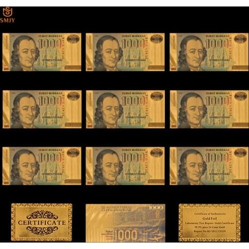 10PCS New Product 2018 Colorful Finnish Currency Paper 1000 Tuha Money 24k Gold Plated Fake Paper Banknote Collections
