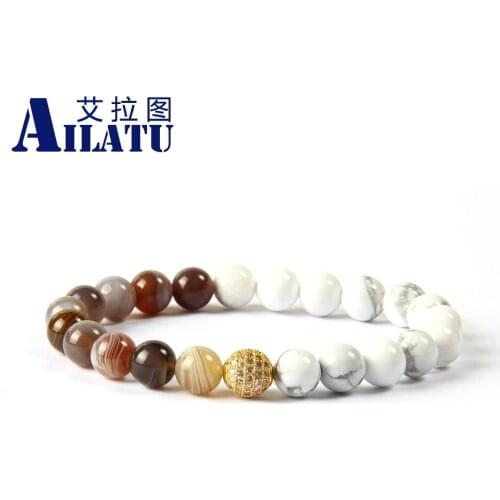 Ailatu Brand Jewelry Wholesale 10pcs/lot 8mm Natural Botswana & White Marble Stone Beaded Bracelet for men