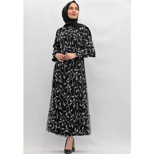 New Season Summer Trend Muslim Leaf Pattern Tulle Dress White