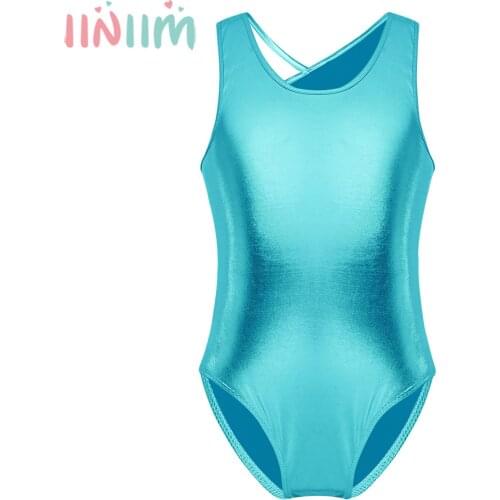 Kids Performance Overalls for Girls Teen Sleeveless Open Back with Straps Glittery Ballet Dance Gymnastics Leotard Jumpsuit