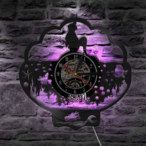 Fantasy Mermaid Ocean Vinyl LP Record Wall Clock Fairy Tale Decorative Wall Light Princess Ariel Children Gift Nursery Decor