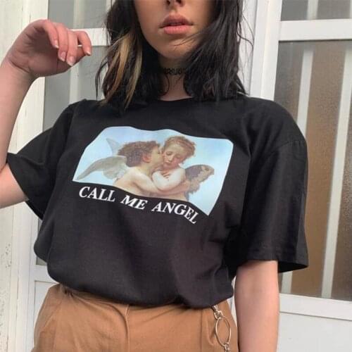 CALL MY ANGEL Summer Women tops Short Sleeve New Fashion Tees Harajuku Vintage Large Size Loose Letter Cartoon Print fun T-Shirt