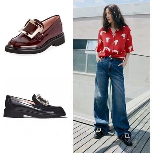 Japanned Leather ladies platform oxford shoes women rhinestone/square buckle slip on loafers famous brand flat shoes creepers 40