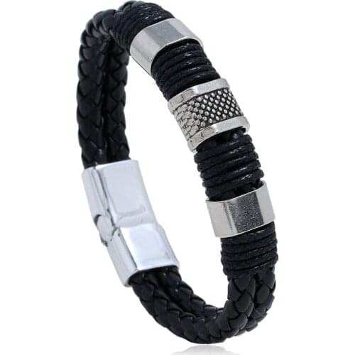 Classic Double-deck Braided Leather Bracelet Bangle For Man Stainless steel Magnetic buckle Hand Jewelry Gift