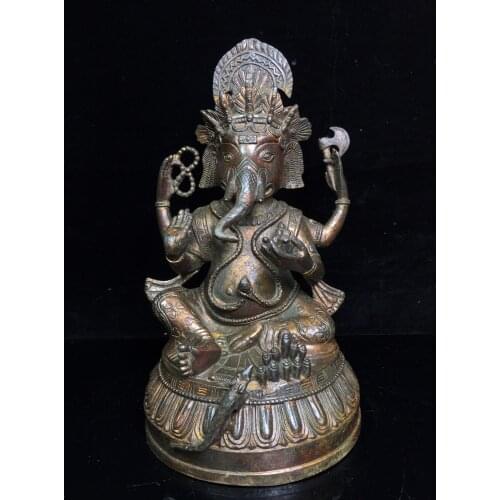 10"Chinese temple collection Old Bronze Cinnabar Lacquer Elephant Trunk God of Wealth Four arms Elephant Ornaments Town House