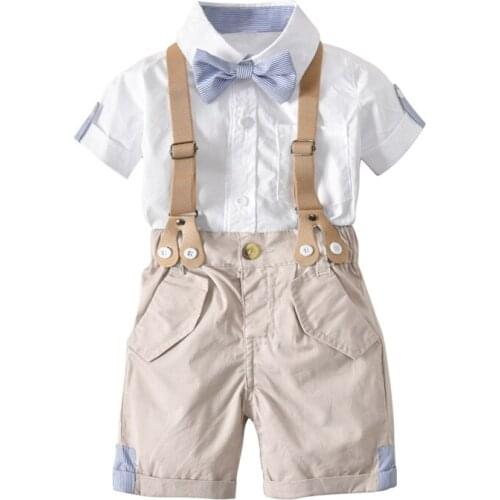 Newborn Baby Boy Summer Formal Clothes Set Bow Wedding Birthday Boys Overall Suit White Romper Shirt Toddler Gentleman Outfit