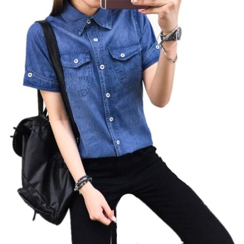 Summer Denim Shirt Women Short-sleeve Student Girls Cotton Jeans Shirts Vintage Buttons Pockets Casual Blusas Tops Plus Size 3XL