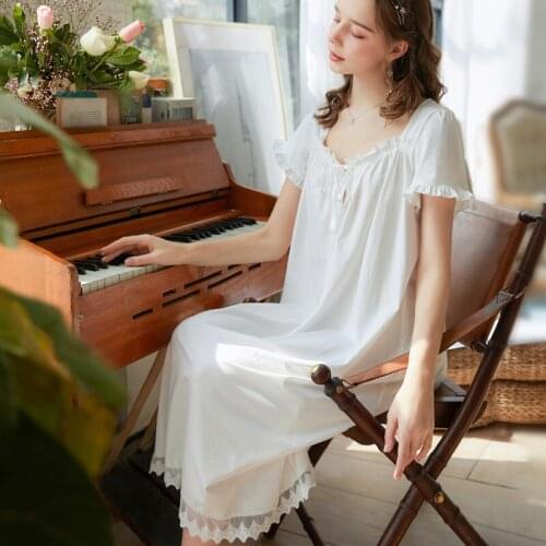 Summer Cotton Women Sleepwear Long Sleepdress Vintage Lace Sweet Short Sleeve Nightgowns Loose Lingerie Plus Size Home Clothes