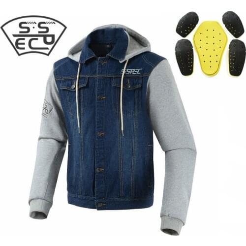 SSPEC Spring Summer Mens Denim Motorcycle Jacket Motocross Racing hoodies fashion casual sweater jacket With Protectors S~XXXL